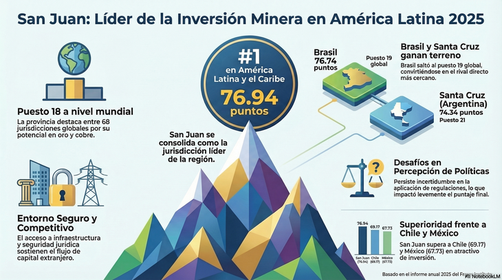  San Juan domina el ranking de atractivo minero 2025, seguido por Brasil y Santa Cruz. Fuente: Fraser Institute.