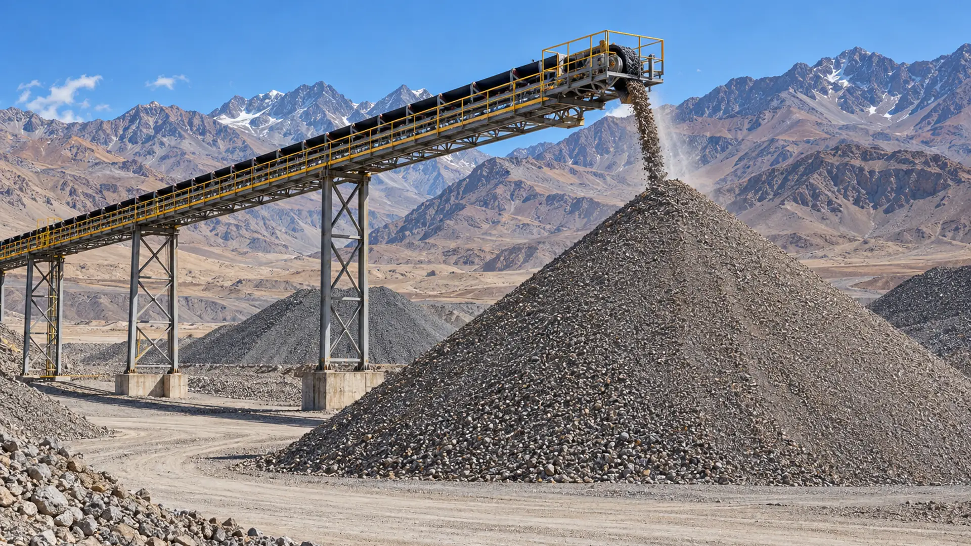 Ilustración de una cinta transportadora y un acopio de mineral