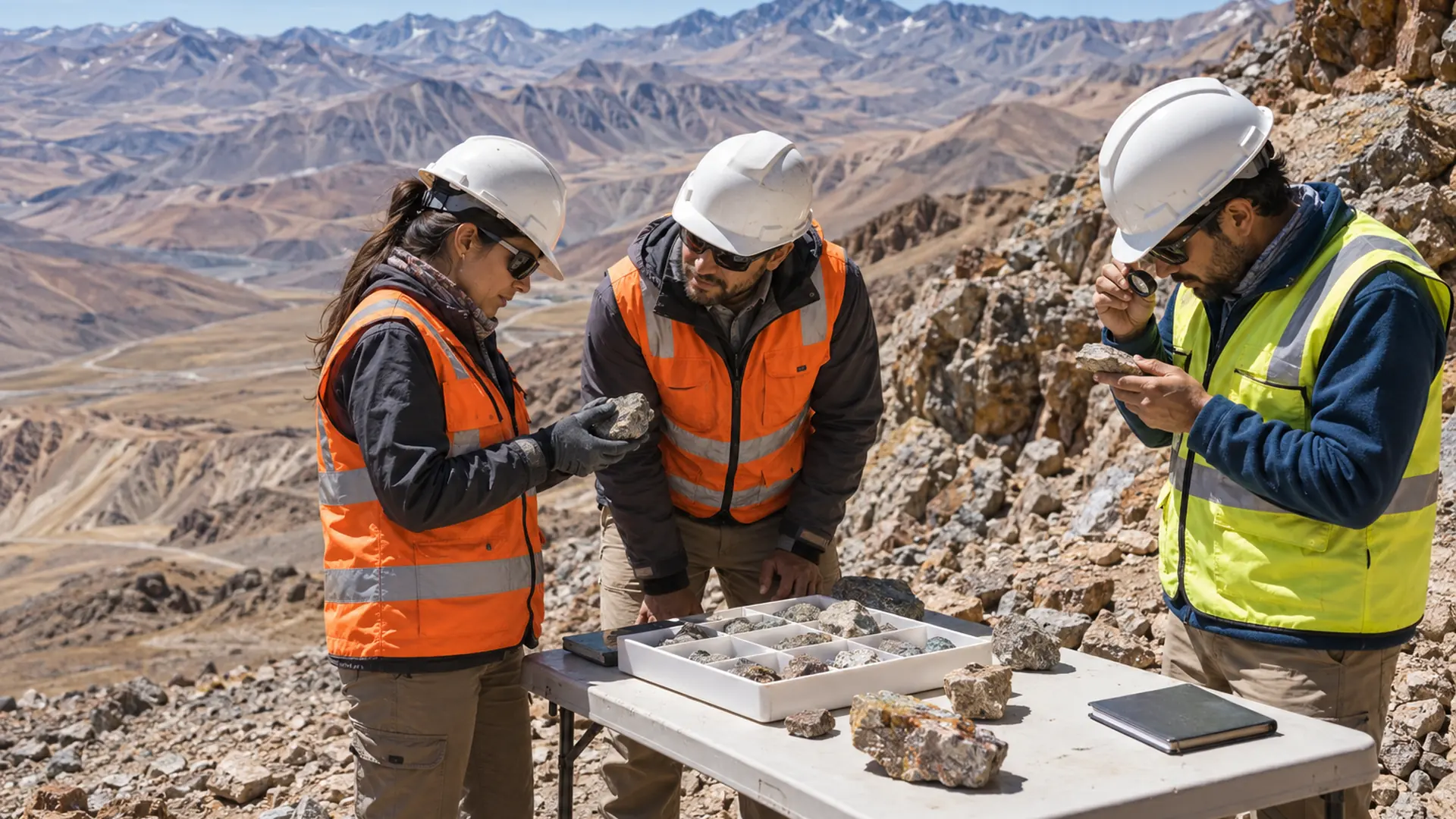 Ilustración de un equipo de geología trabajando en un entorno andino